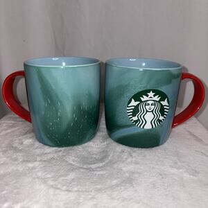 Starbucks 2024 Holiday Green Blue Marbled Coffee Cup Mug 11oz Set Of 2 EUC